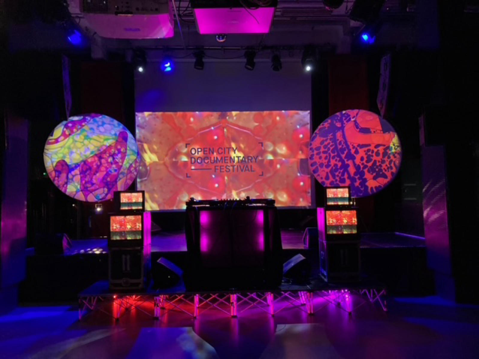 Image of A psychedelic stage design for Open City Docs at Rich Mix London